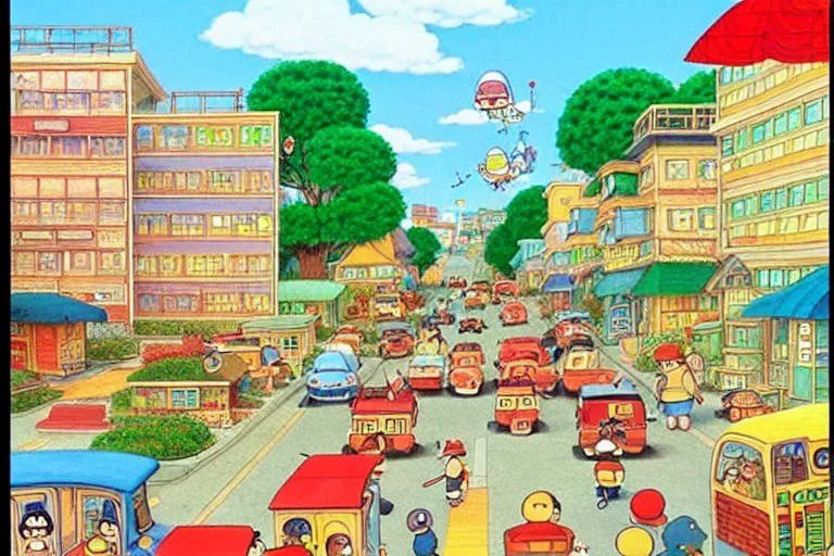 Image similar to an elaborate painting of a peaceful neighborhood, detailed, penned illustrations, by richard scarry and studio ghibli!!!!!!!!!!!