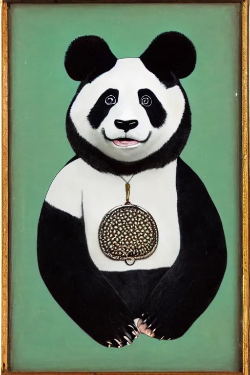 Prompt: a portrait of a biomorphic panda wearing high fashion clothes and jewelry looking at the camera