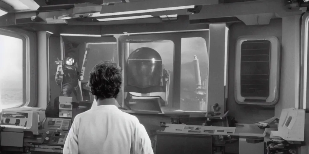 Image similar to a still from a film of a naval officer standing, back turned, in front of a large window with a live action Star Wars space battle, 35mm, directed by George Lucas, miniatures, ILM