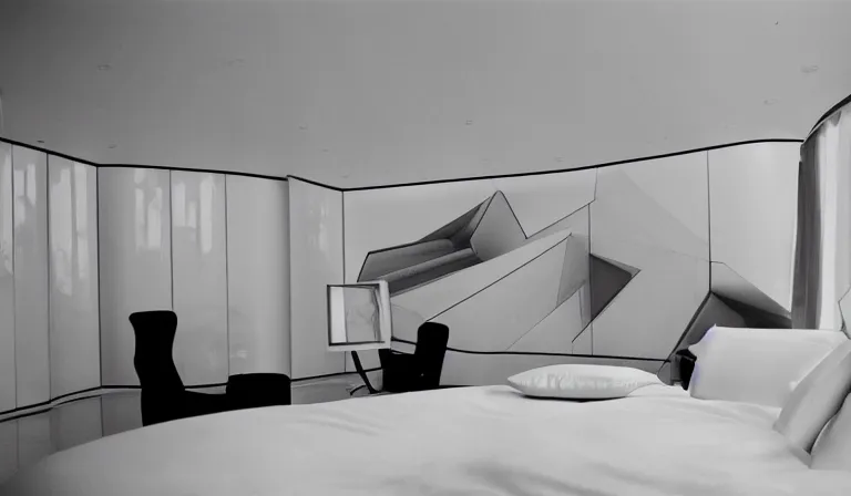 Image similar to A bedroom designed by Zaha Hadid, 35mm film, long shot