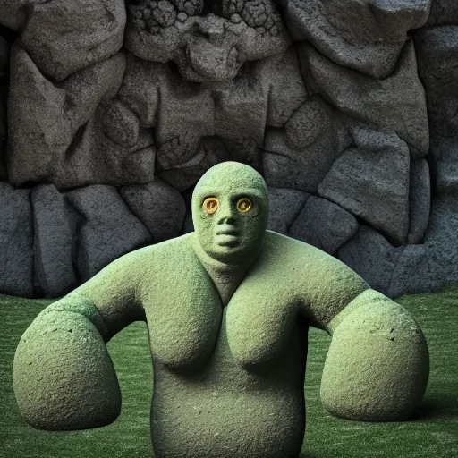 Image similar to a giant friendly golem made out of stone in a fantasy world, the golem body is full of algae,award winning photography, Cinema 4d render , HDR, studio lighting, dynamic pose, long shot, shot on Canon EOS R5, f/2.5,