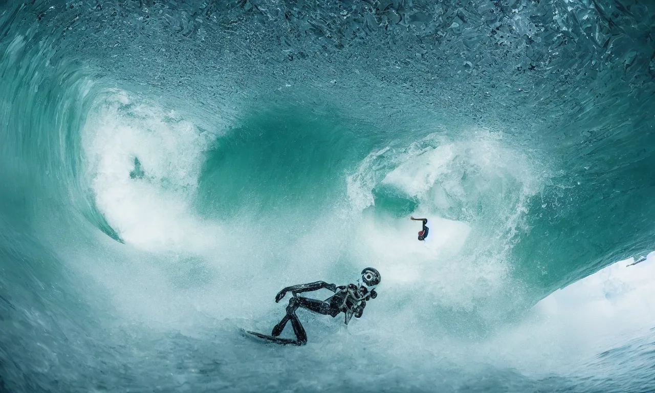 Image similar to a skeleton surfing a big wave inside the tunnel, by Jessica Rossier, above and below underwater, slow motion, refractions, summer