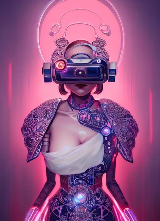 Prompt: wide angle portrait shot of female japanese android wearing a vr headgear and in a very detailed and intricate kimono dress, hologram hovering around her, intricate detail, cyber neon lighting, highly detailed, artstation, glamor pose, concept art, art by peter mohrbacher and artgerm, pinterest, artstation,