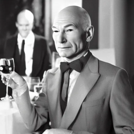 Image similar to patrick stewart drinking alcohol dressed in gown
