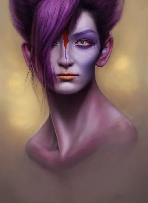 Image similar to a detailed facial portrait of a female nekomata with purple hair and orange eyes, a beautiful face, mutation, by tom bagshaw, by dorian cleavenger, zdzisław beksinski, bastien lecouffe - deharme trending on artstation