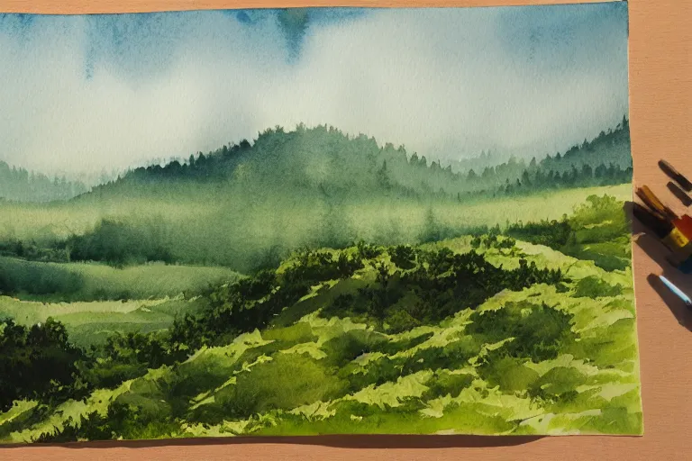 Prompt: a watercolor painting of a beautiful landscape and horizon, verdant forests as far as the eye can see, trending on artstation, 4 k, super high detail