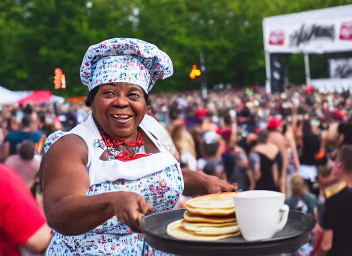 Image similar to photo still of aunt jemima in period attire at vans warped tour!!!!!!!! at age 4 0 years old 4 0 years of age!!!!!!! on stage tossing pancakes into the crowd, 8 k, 8 5 mm f 1. 8, studio lighting, rim light, right side key light