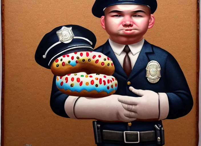 Prompt: a police officer made of donuts, lowbrow, matte painting, 3 - d highly detailed, in the style of mark ryden,
