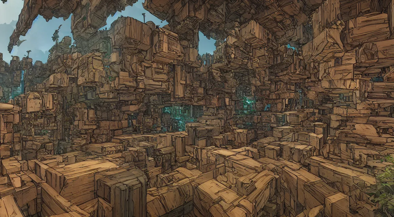 Image similar to wood wall fortress greeble block amazon jungle global illumination ray tracing that looks like it is from borderlands and by feng zhu and loish and laurie greasley, victo ngai, andreas rocha, john harris