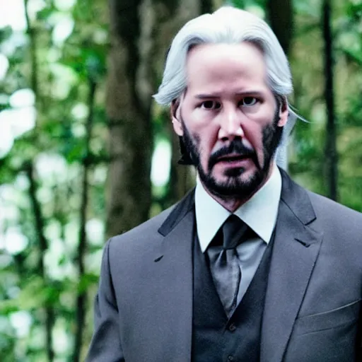 Image similar to A still of Keanu Reeves as President Snow in The Hunger Games (2012), white suit, white hair and beard