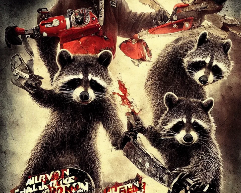 Image similar to a horror movie poster featuring a giant raccoon with a chainsaw