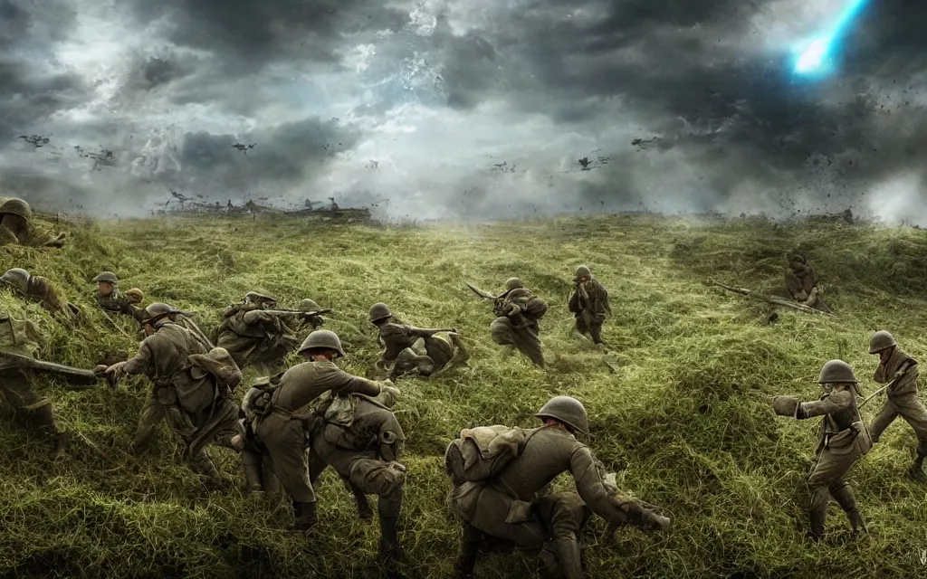 Image similar to fight ww 1, deep trenches with fortifications, natural landscape, green and blue tones, soldiers fighting against aliens from resistance game, realistic people, ground explosion in the background, alien mothership in the sky, hyper realistic, highly detailed, dramatic lighting, raytarced, god rays, 4 k, 8 k, art by artgem