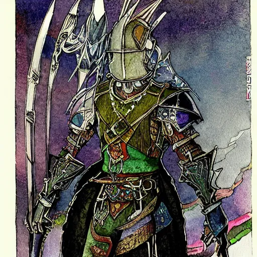 Prompt: watercolor, final fantasy tactics character, wearing plate armor, wearing helmet, faceless, shrouded, artwork by harry clarke, artwork by Clyde Caldwell