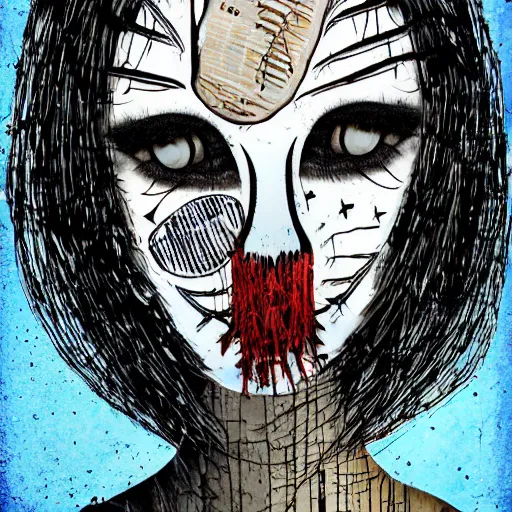 Image similar to face shredded like paper, dark horror, surreal, illustration, by alley burke