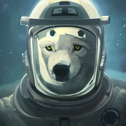 Image similar to A portrait of an anthropomorphic wolf in an astronaut suit by Vincent DiFate, Greg Rutkowski, cinematic 8k trending on artstation, anthro wolf astronaut