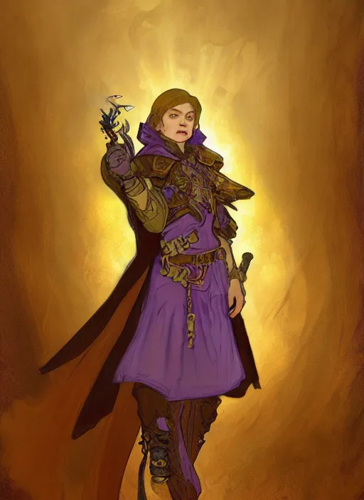 Prompt: a gender neutral halfling with golden angel wings, wearing and a purple smoking jacket, short brown hair. fantasy concept art. moody epic painting by james gurney, and alphonso mucha. artstationhq. painting with vivid color. ( dragon age, witcher 3, lotr )