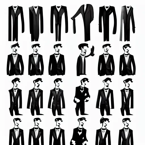 Image similar to a set of magician's men's clothing design, black and white tones, 2 d game art