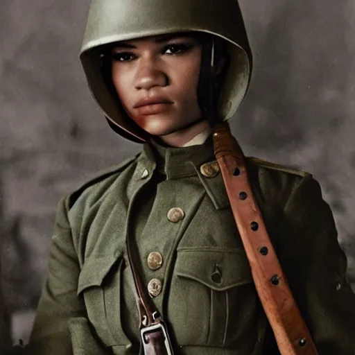 Image similar to Zendaya as a soldier, ww1 trench, war photo, film grain