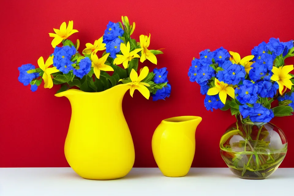 Image similar to red book and yellow vase with blue flowers, photo