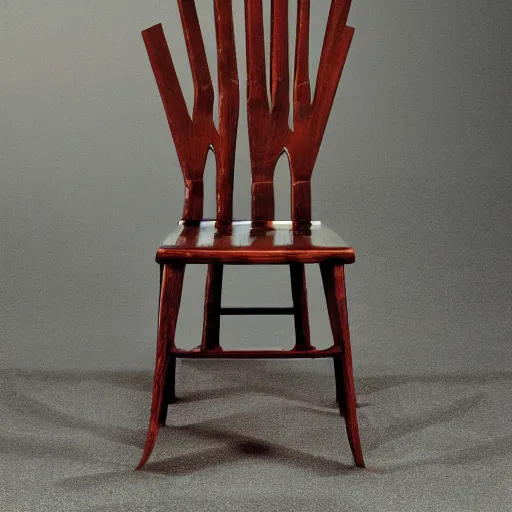 Prompt: a wooden chair with a large sharp spike in the middle of the seat of the chair