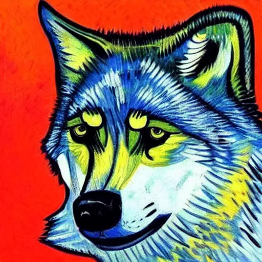 Image similar to retard wolf, van gogh, vivid colors, portrait paintin,