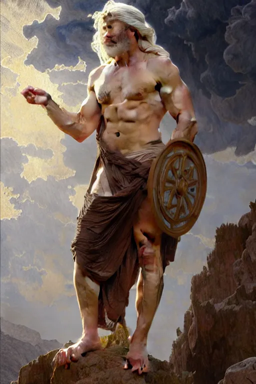 Image similar to painted portrait of rugged zeus, god of thunder, greek god, white hair, masculine, mature, handsome, upper body, flowy robe, muscular, hairy torso, fantasy, intricate, elegant, highly detailed, digital painting, artstation, concept art, smooth, sharp focus, illustration, art by gaston bussiere and alphonse mucha