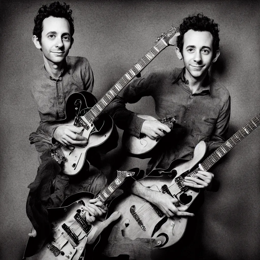 Image similar to award winning photo of julian lage playing jazz guitar, vivid colors, happy, symmetrical face, beautiful eyes, studio lighting, wide shot art by Sally Mann & Arnold Newman