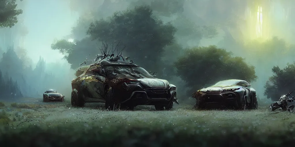 Image similar to a beautiful concept offroad suv, an epic fantasy, dramatic lighting, cinematic, establishing shot, extremely high detail, photorealistic, cinematic lighting, artstation, by cory loftis, fenghua zhong, ryohei hase, ismail inceoglu and ruan jia, midsommar