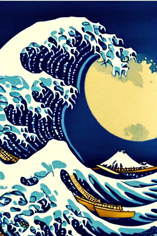 Prompt: The Great Wave off Kanagawa, Moon in the background, fine art photography