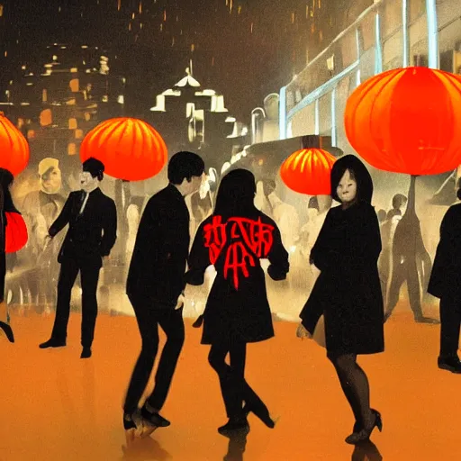 Image similar to a tiny dark black night club with a few red chinese lanterns, people's silhouettes close up, modern people dancing, surrealism
