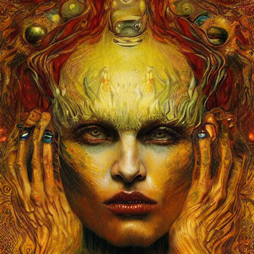 Image similar to Visions of Hell by Karol Bak, Jean Deville, Gustav Klimt, and Vincent Van Gogh, nightmare portrait, infernal, visionary, otherworldly, fractal structures, ornate gilded medieval icon, third eye, hellfire, spirals