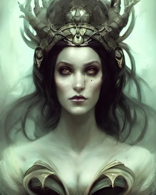 Prompt: bastien lecouffe deharme and wlop detailed portrait digital rococo painting of a beautiful serious villainess wearing fantasy clothing like liliana vess, villainess has black angel wings, evil mood, hellish battlefield in the background, unreal engine, embers flying, hyper realism, realistic shading, cinematic composition, blender render, octane render, ultrawide shot