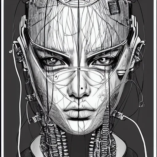 Image similar to scifi sketch of a girl cyborg head, half human, head covered in loose wires and machine parts, pen, by Terada Katsuya