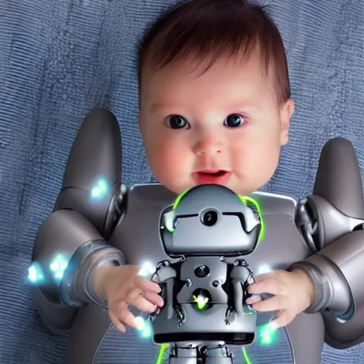 Image similar to cybernetic infant held lovingly by two robots