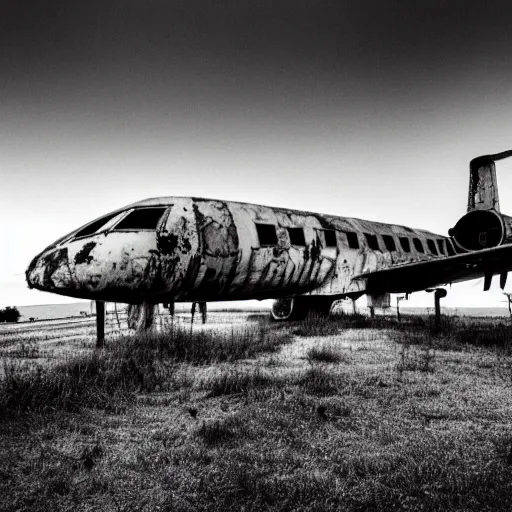 Image similar to black and white press photograph of a rusted abandoned business jet on an abandoned hangar, full view, detailed, natural light, mist, film grain, soft vignette, sigma 5 0 mm f / 1. 4 1 / 1 0 sec shutter, imax 7 0 mm footage