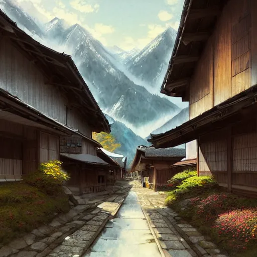 Image similar to walking around rural shirakawa - go, gifu, japan. volumetric lighting, spring late morning, nice slight overcast weather, realistic illustration, perfectly shaded, soft painting, low angle, art by krenz cushart and wenjun lin