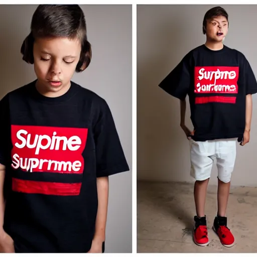 Image similar to short kid wearing a supreme shirt, detailed, studio