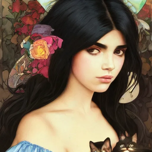 Image similar to emo mexican girl and her cat, with long dark hair, thick straight eyebrows!!! deep dark big shiny eyes and dark circles!, wide nose!, oval face shape, big cheeks! by juan villafuerte, greg rutkowski and alphonse mucha, pexels contest winner, high quality photo, rtx, hd