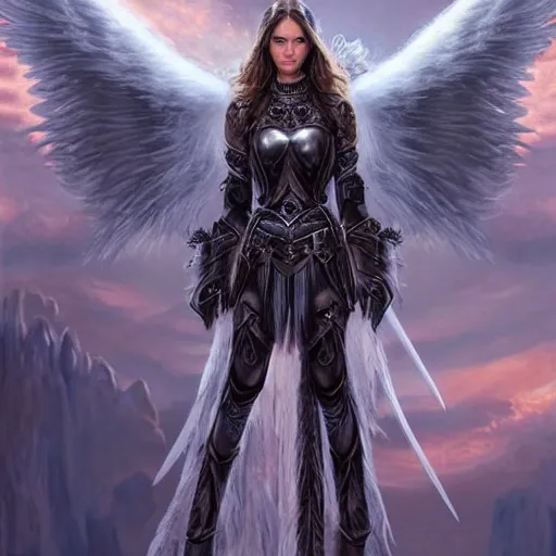 Prompt: beautiful young aasimar angel valkyrie warrior girl maiden wearing comfy leather armor with beautiful feathered angel wings, blue eyes, beautiful face, Alessandra Ambrosio, Natalie Portman, Emily Ratajkowski, innocent, intricate, elegant, highly detailed, ultradetailed, hyperdetailed, artstation, concept art, smooth, sharp focus, illustration, by Mark Arian