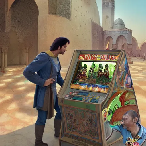 Image similar to shrek and vladimir putin playing arcade in morocco, highly detailed, digital painting, artstation, concept art, smooth, sharp focus, illustration, art by artgerm and greg rutkowski and alphonse mucha