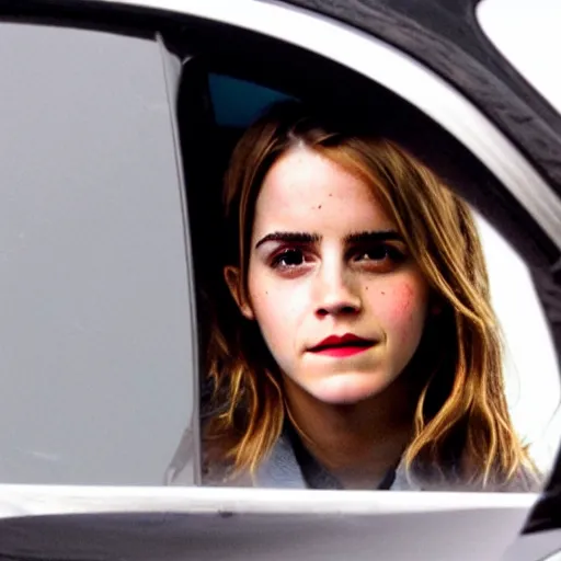 Image similar to emma watson unapologetically smirking from her car window, paparazzi photo, tabloid, perfect clear eyes, hermione granger