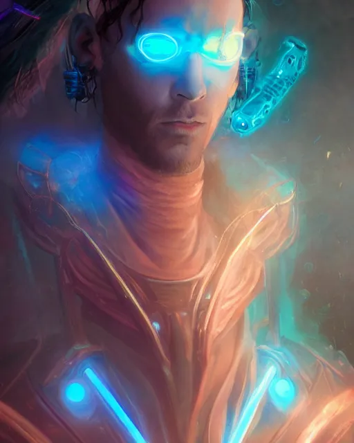 Prompt: incubus, male, neon opal robes, beautiful, cyberpunk, super detailed, very ornate, glow, by stjepan sejic, tom badshaw, greg rutkowski, realistic, symmetrical face, 8 k, sharp focus