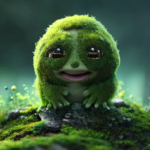 Image similar to a highly detailed digital painting of a tiny cute mossy forest creature by bobby chiu, trending on artstation, octane render, 4 k, unreal 5, macro photography, goro fujita