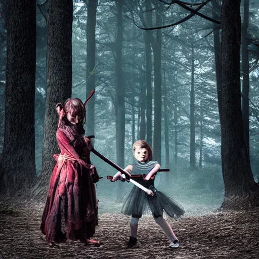 Prompt: Little girl with katana meets werewolf in the woods, spooky, creepy, scary, dark, misty