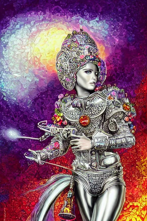 Image similar to pearlescent retrofuturistic digital airbrush illustration of a knight wearing an ornate chrome headpiece and holding a flower with a landscape and sky in the background by luigi patrignani