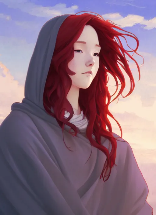Prompt: beautiful young woman with long red hair watches the sunrise while wearing a grey cloak and hood, path traced, highly detailed, high quality, digital painting, by studio ghibli and alphonse mucha, leesha hannigan, makoto shinkai, disney