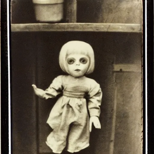 Prompt: a very beautiful old polaroid picture of a creepy doll in a barn, award winning photography