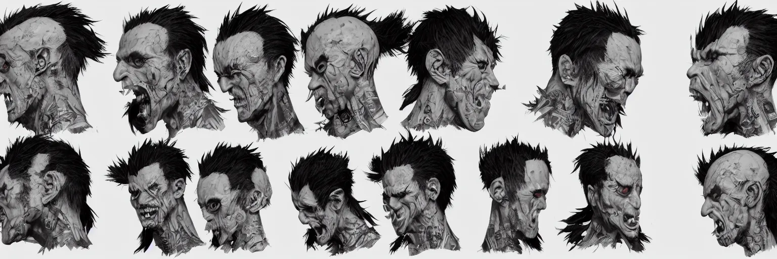 Image similar to character faces, realistic punk singer faces, rocker, aggressive, character sheet, fine details, concept design, contrast, kim jung gi, greg rutkowski and da vinci, trending on artstation, 8 k, emotional, face turnaround, front view, back view, side view, ultra wide angle