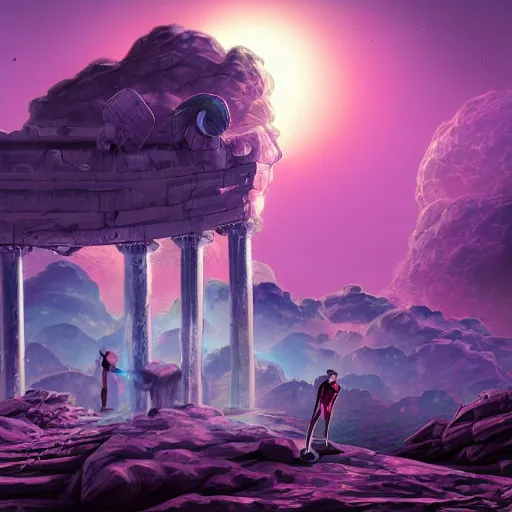 Image similar to ancient ruins in the moon, retrowave epic art, trending on art station