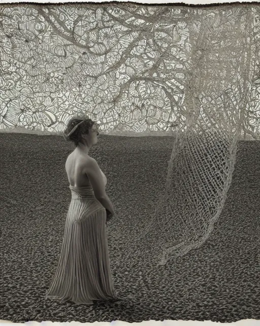 Prompt: an woman standing on a beach, made of intricate decorative lace leaf skeleton, in the style of the dutch masters and gregory crewdson, dark and moody